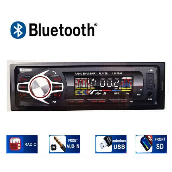 AUTORADIO STEREO AUTO RADIO 50WX4 TELECOMANDO BLUETOOTH SLOT SD USB AUX MP3