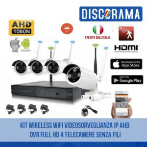 KIT WIRELESS WIFI VIDEOSORVEGLIANZA IP AHD DVR FULL HD 4 TELECAMERE SENZA FILI