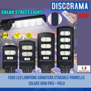 FARO LED LAMPIONE ARMATURA STRADALE PANNELLO SOLARE 60W IP65 + PALO