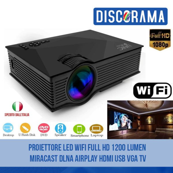 PROIETTORE LED WIFI FULL HD 1200 LUMEN MIRACAST DLNA AIRPLAY HDMI USB VGA TV