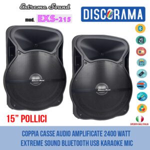 COPPIA CASSE AUDIO AMPLIFICATE 2400 WATT EXTREME SOUND BLUETOOTH USB KARAOKE MIC