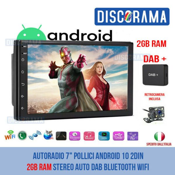 AUTORADIO 7" POLLICI ANDROID 10 2DIN 2GB RAM 16GB STEREO AUTO DAB BLUETOOTH WIFI
