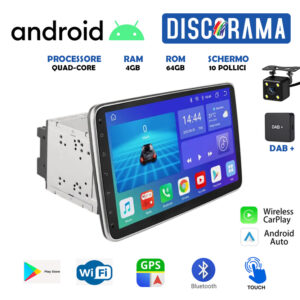 AUTORADIO ANDROID 10 POLLICI STEREO CARPLAY ANDROID AUTO 2 DIN 4/64GB WIFI DAB+